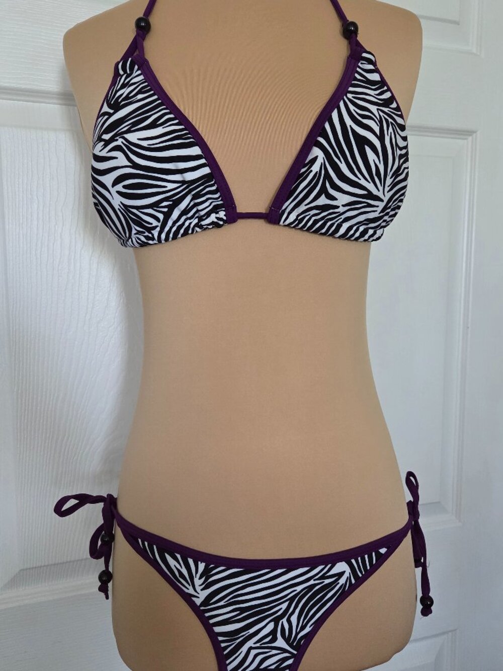 Zebra-Print Purple Trim Triangle Bikini Top & Bottom